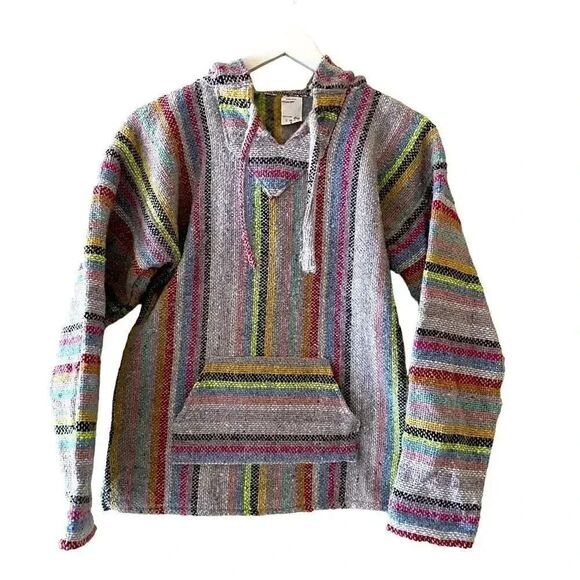 Mexican Boho Hooded Baja-Stripe Multicolor Unisex Pullover Pancho Sweater SZ S - Picture 1 of 10